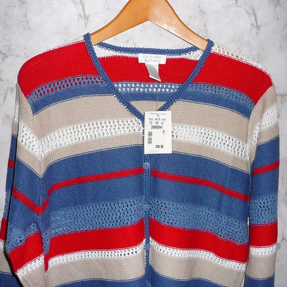 Cardigan Sweater Cotton Red Blue Striped M NWT - Picture 2 of 8